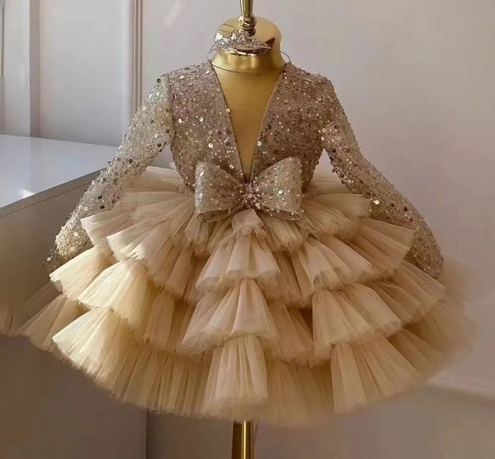New Long Sleeve Sequins Bow Girls' Poncho Dress Wedding Flower Girl Sisters Wedding Dress Fashionable Versatile Evening Dress