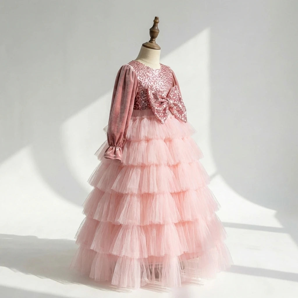 NEW Summer Pink Sequin Bow Long Sleeve Layered Tulle Princess Dress for Girls Luxury Birthday & Mother’s Day Gown