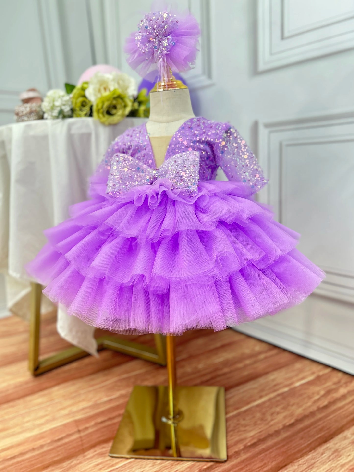 Light luxury girl dragging high -end wine party evening dress flower girl wedding lace puff cake skirt special occasion girl dre