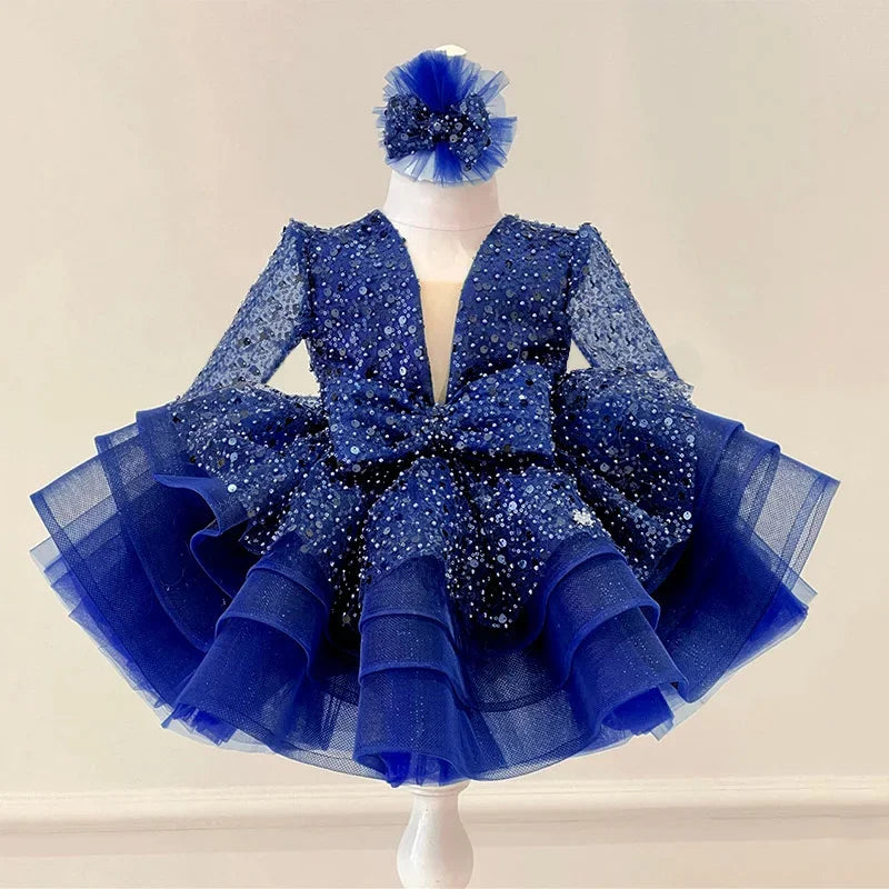 2-12 years old  sequin long-sleeved dress girl puffy dress girl lace birthday wedding flower girl bow performance dress