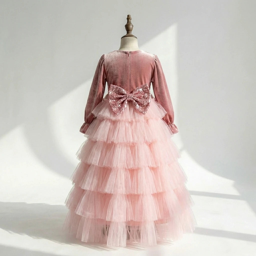NEW Summer Pink Sequin Bow Long Sleeve Layered Tulle Princess Dress for Girls Luxury Birthday & Mother’s Day Gown