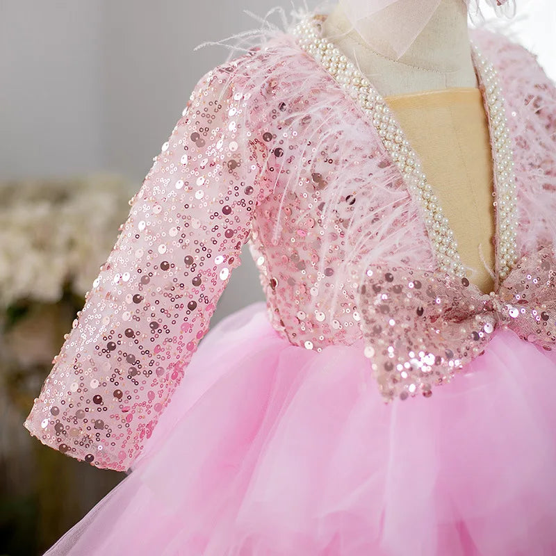 Girls Performance Dress for Piano Recital & Catwalk V-Neck Sequin Mesh Tutu with Elegant Long Sleeves Flower Girl Princess Gown